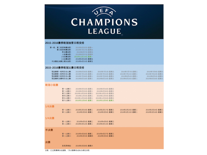 欧冠联赛赛事安排-Excel图表模板